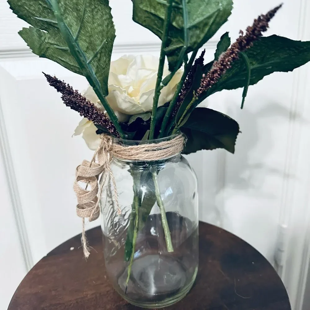 Silk Peony Floral Glass Mason Jar Vase Rustic Decor